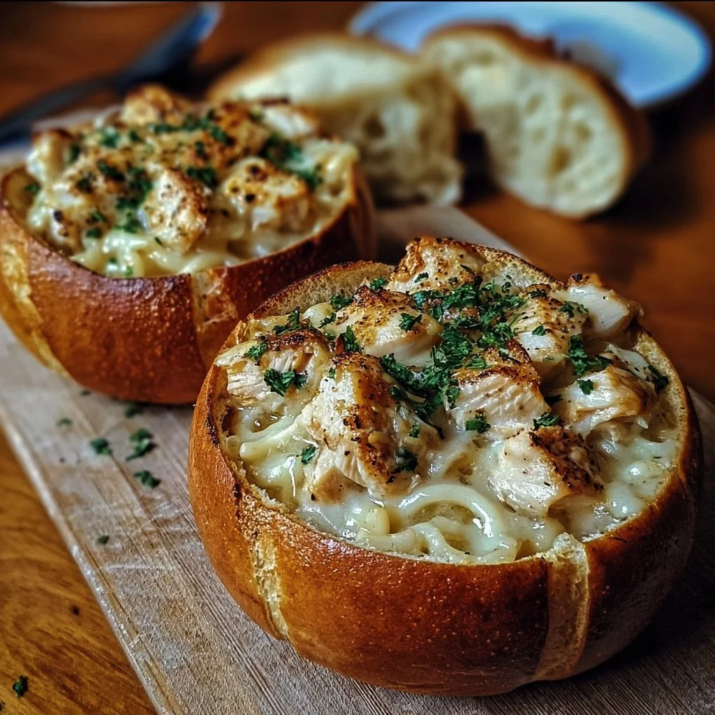 Chicken Alfredo Garlic Bread Bowls topped with creamy sauce and herbs