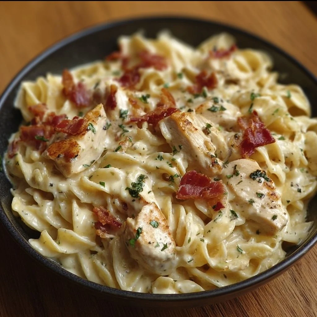 Delicious Chicken Bacon Ranch Pasta garnished with parsley on a plate.