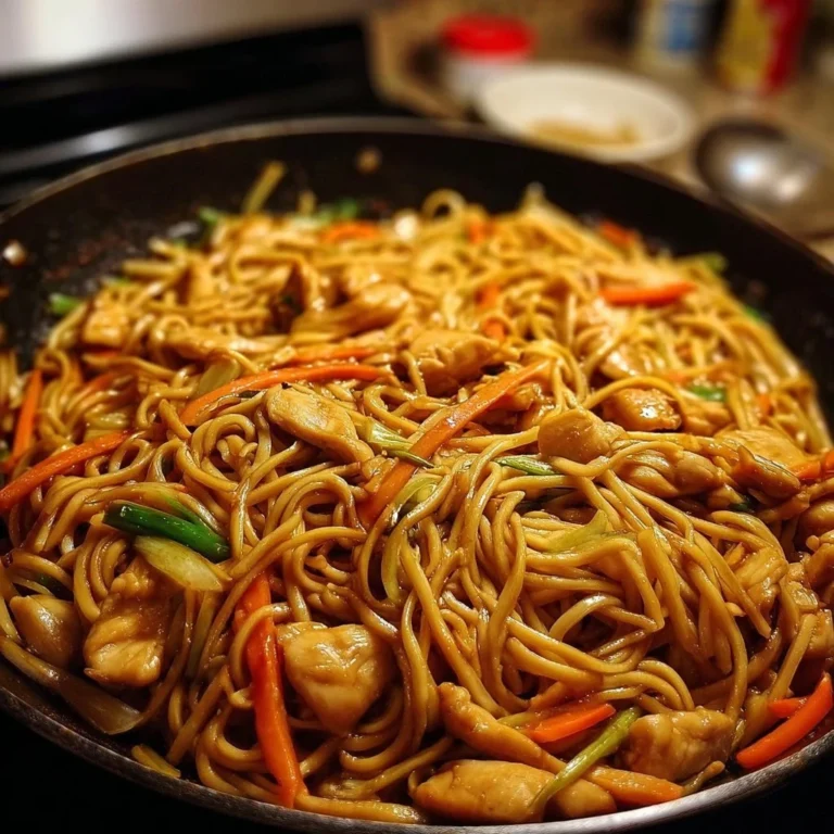 A plate of Chicken Lo Mein with vegetables and noodles in a savory sauce