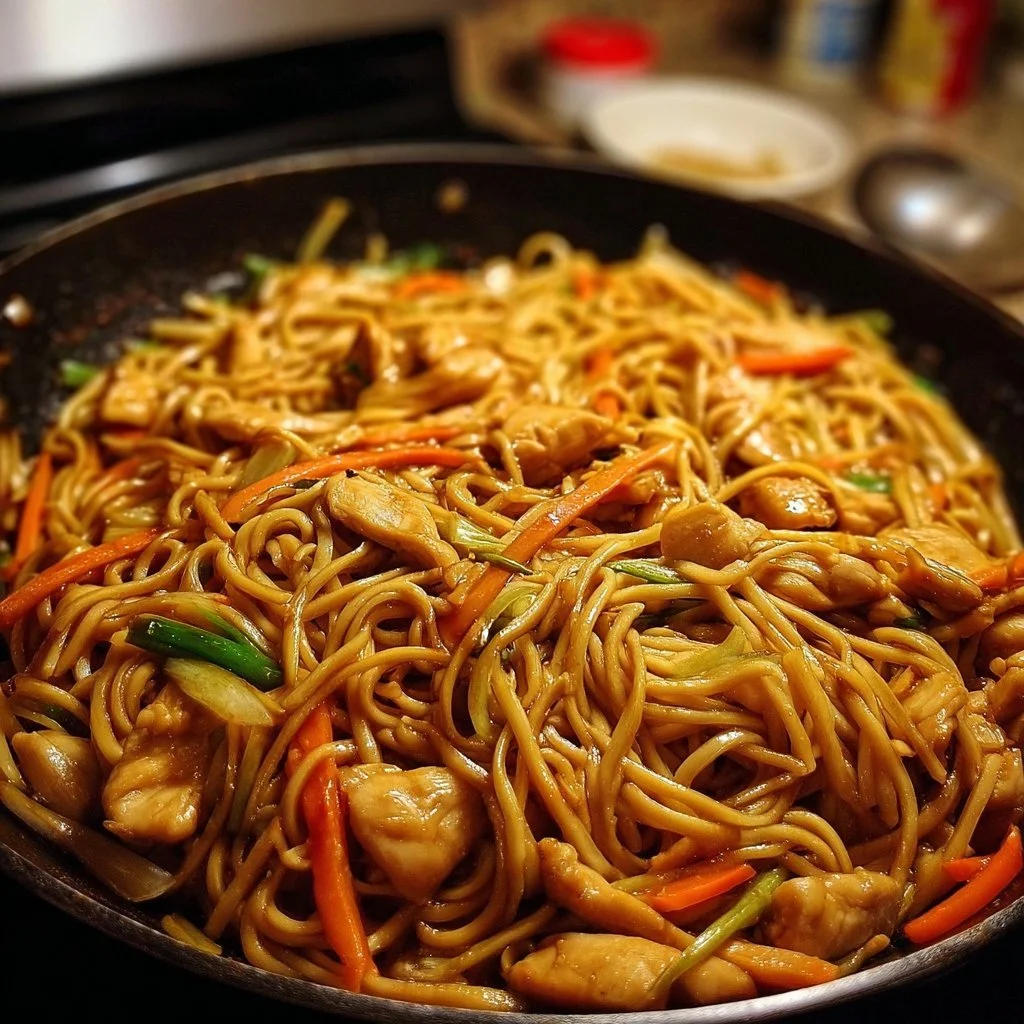 A plate of Chicken Lo Mein with vegetables and noodles in a savory sauce