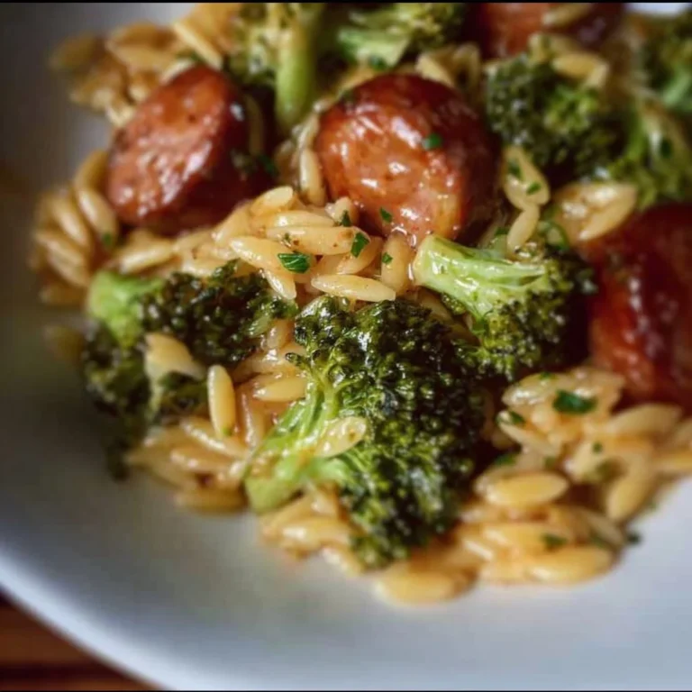 Chicken sausage and broccoli orzo dish served in a bowl