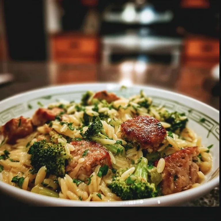 Chicken sausage and broccoli orzo in a bowl, garnished with herbs.