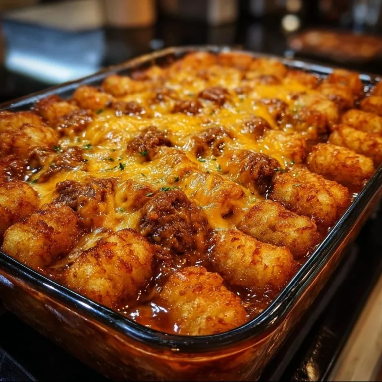 Delicious Chili Cheese Tater Tot Casserole served in a baking dish