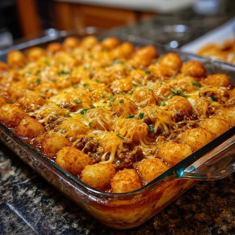 Delicious chili cheese tater tot casserole topped with melted cheese