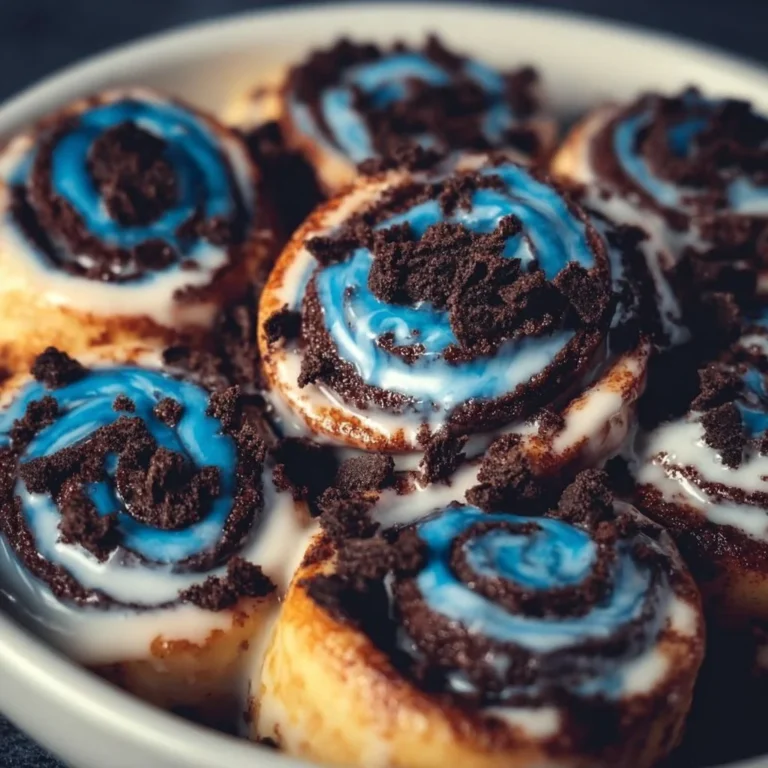 Freshly baked chocolate cookie cinnamon rolls topped with icing