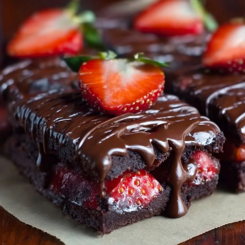 Delicious chocolate covered strawberry brownies ready to be enjoyed