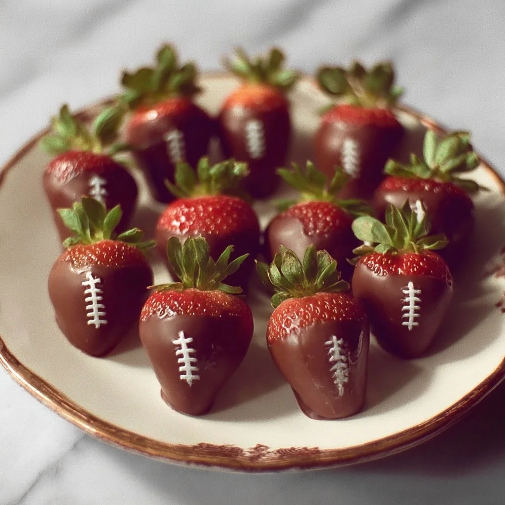 Fresh chocolate-dipped strawberries on a white plate, a delightful dessert.