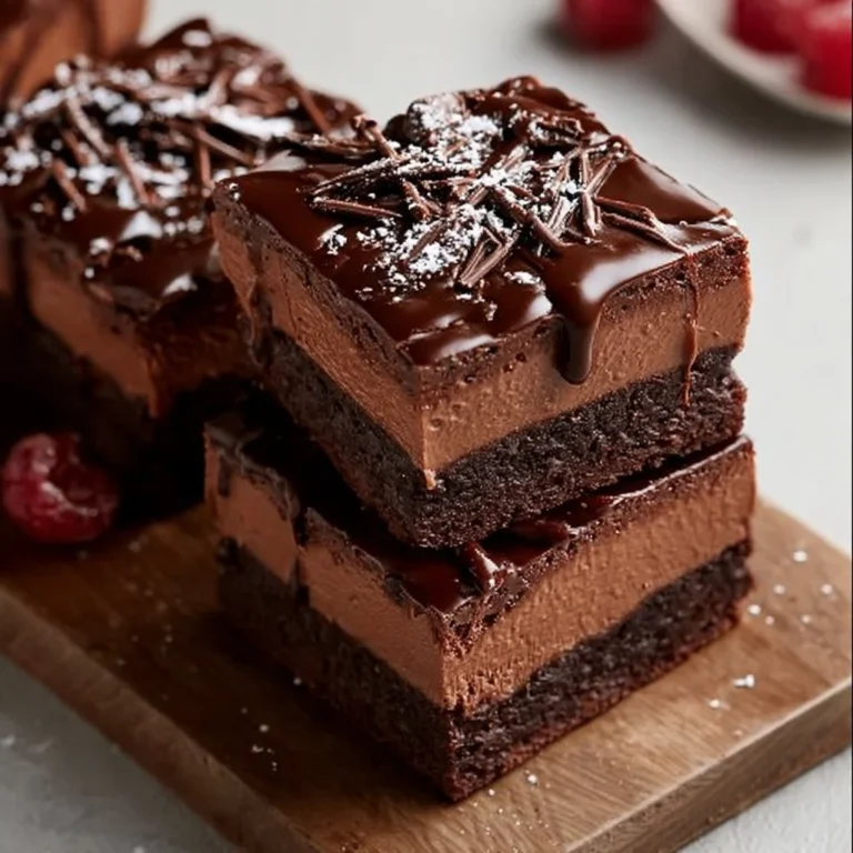 Delicious chocolate mousse brownies topped with creamy mousse layer