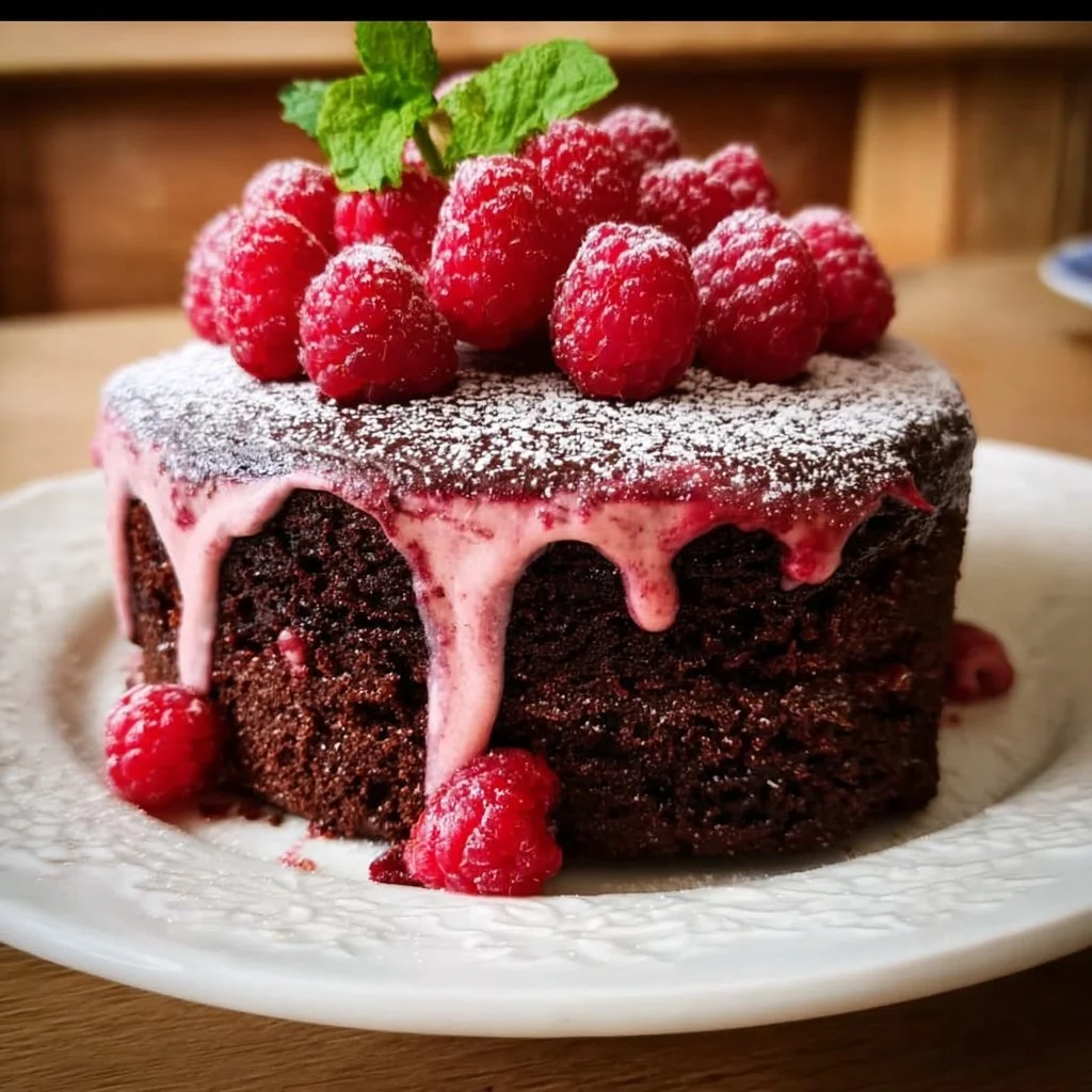 Deliciously layered Chocolate Raspberry Cake with rich chocolate frosting and fresh raspberries
