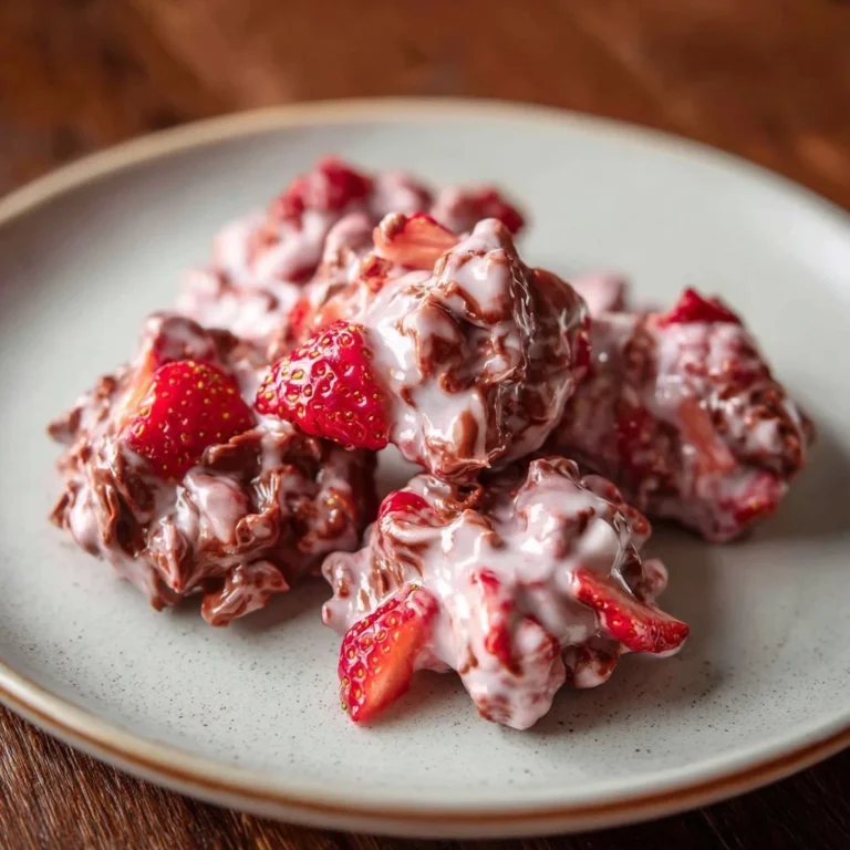 Chocolate strawberry yogurt clusters delight with rich chocolate and fresh strawberry flavors.