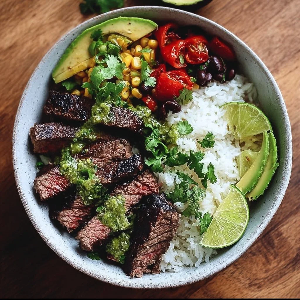 Cilantro lime steak bowls with fresh vegetables and lime wedge