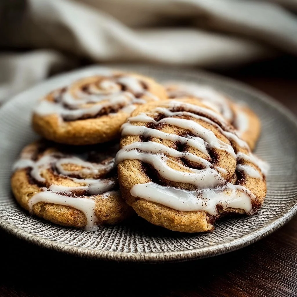 Freshly baked Cinnamon Roll Cookies with icing on a cooling rack