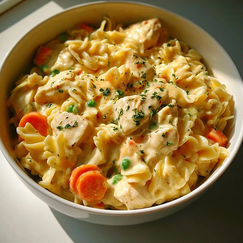 Classic Chicken Pot Pie Pasta served in a bowl with herbs and flaky crust