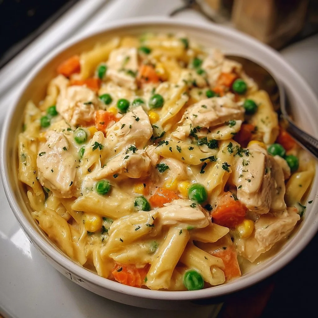 Delicious Chicken Pot Pie Pasta topped with flaky crust and fresh veggies