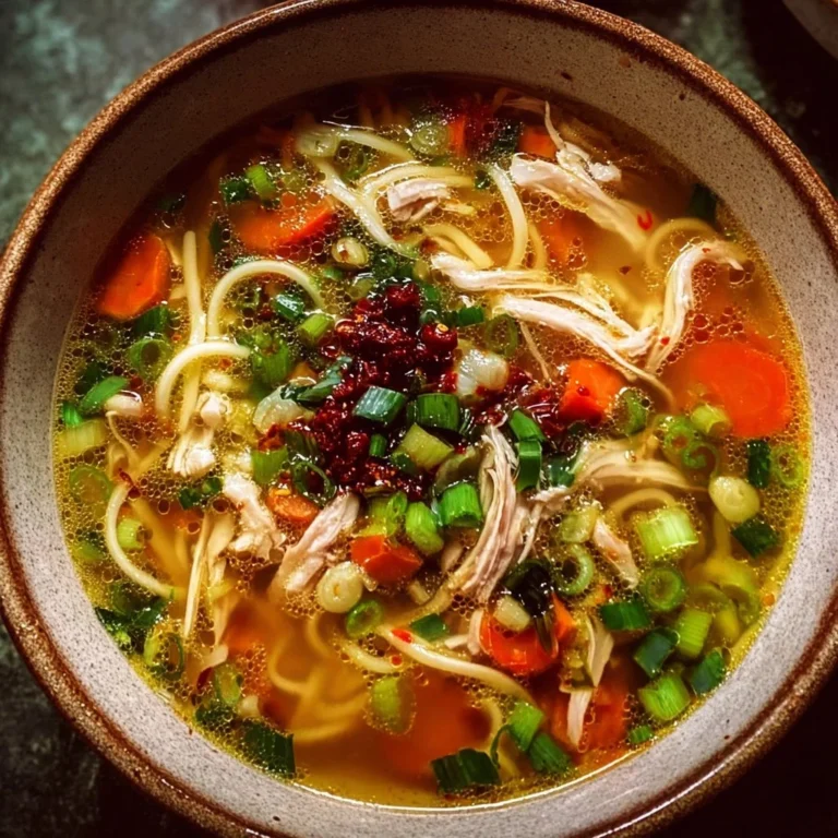 Bowl of Classic Ginger Garlic Chicken Noodle Soup with fresh herbs.