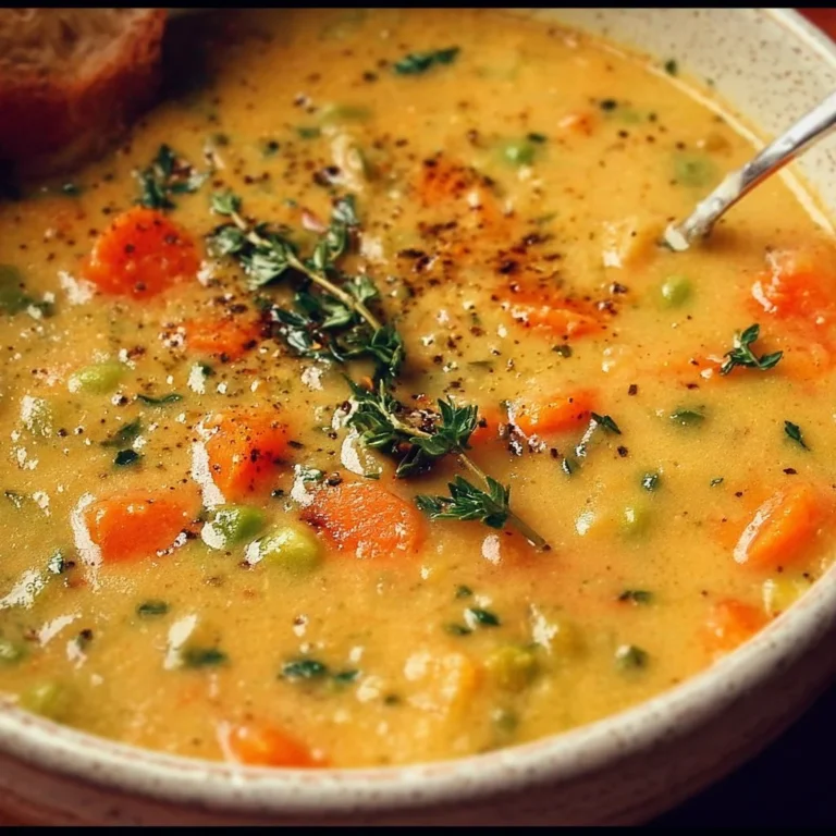 Bowl of comforting one-pot creamy vegetable soup topped with fresh herbs