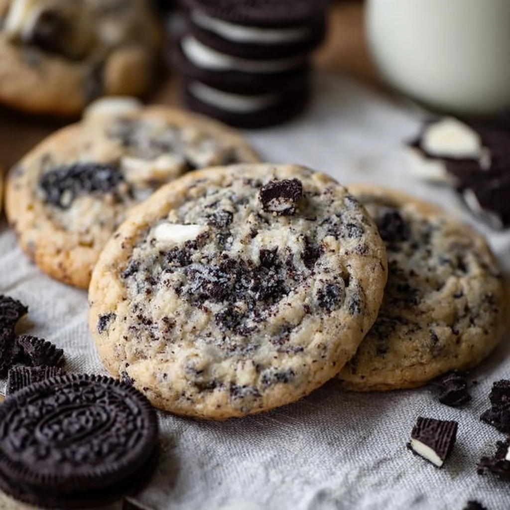A plate of freshly baked Cookies and Cream Cookies with chocolate chunks