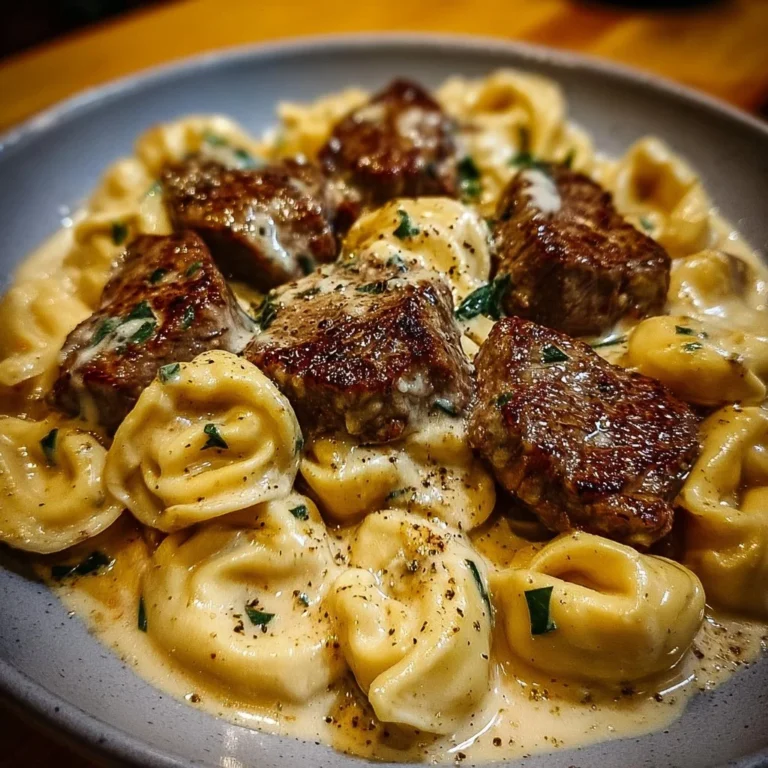Cracked garlic steak tortellini in creamy sauce served on a plate.