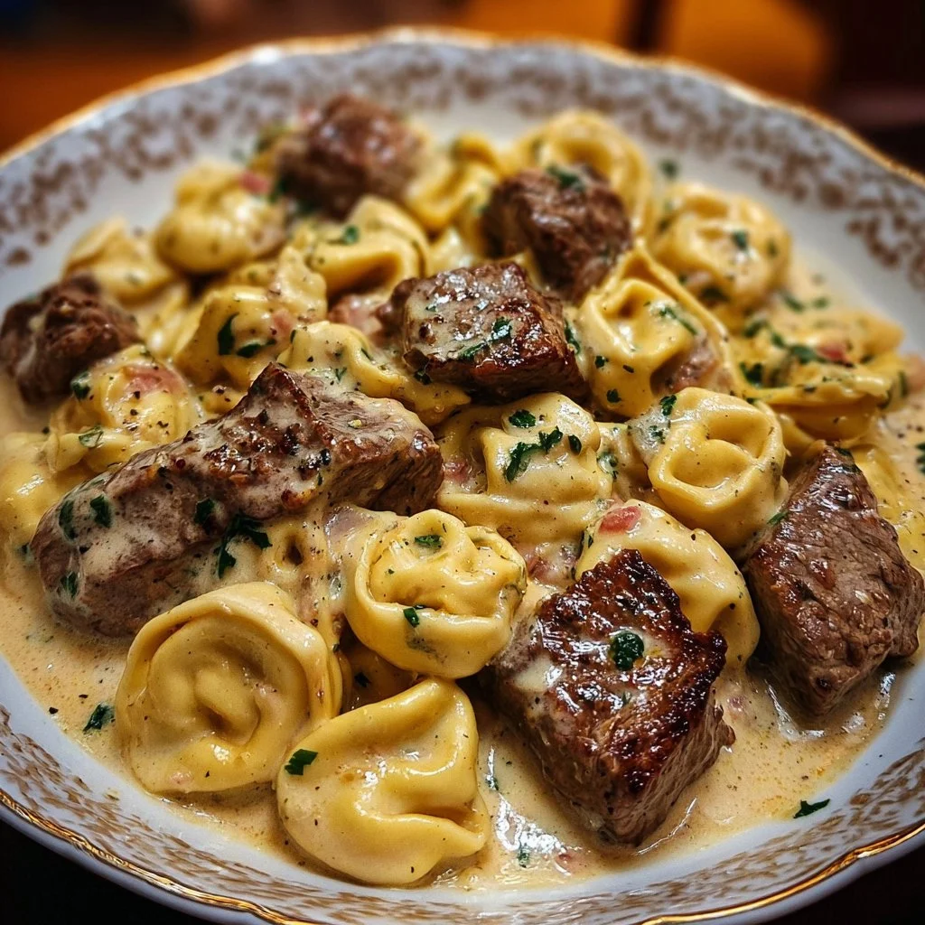 Delicious cracked garlic steak tortellini in a creamy house sauce