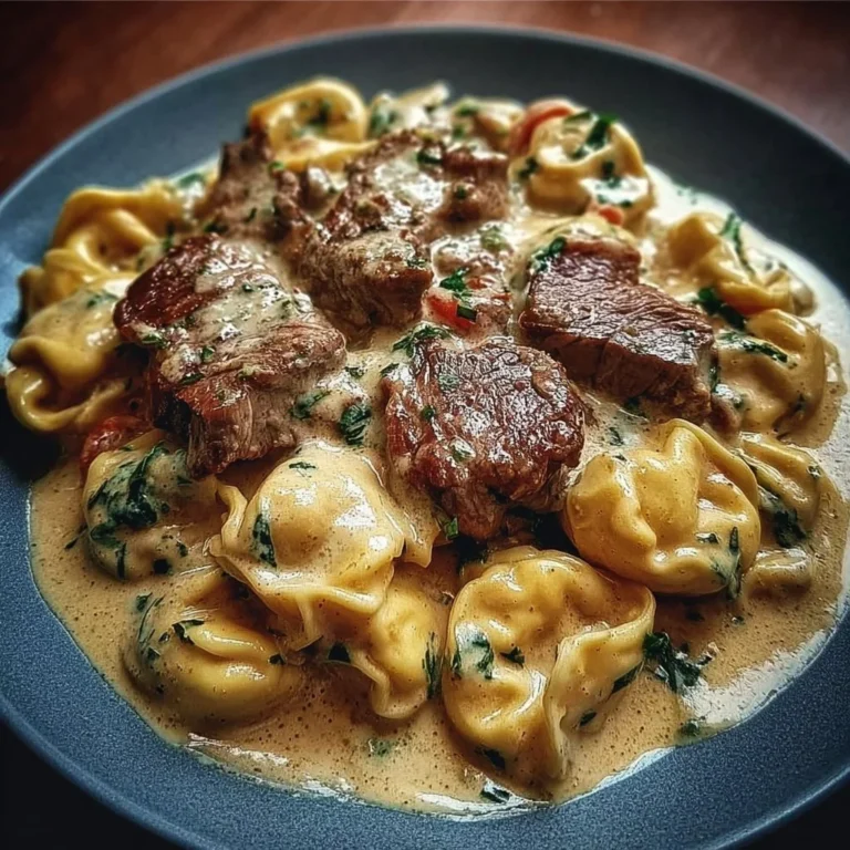 Delicious Cracked Garlic Steak Tortellini served in creamy sauce