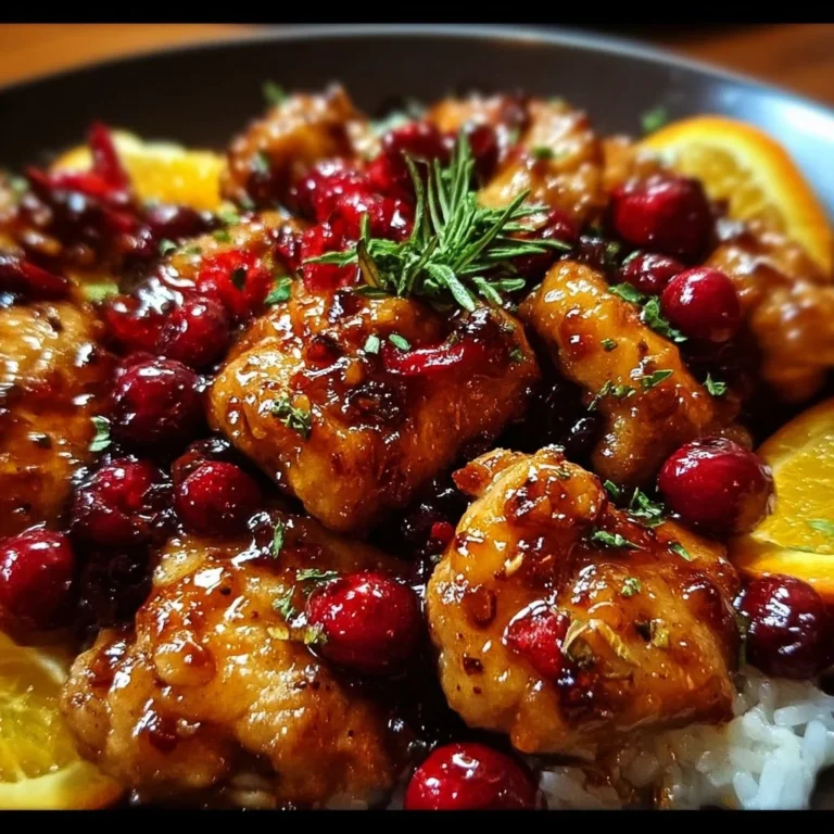 Delicious Cranberry Orange Chicken served with fresh herbs and orange slices.