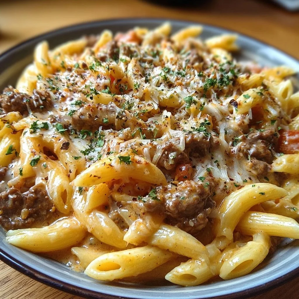 Creamy beef pasta dish served in a bowl with fresh herbs and cheese