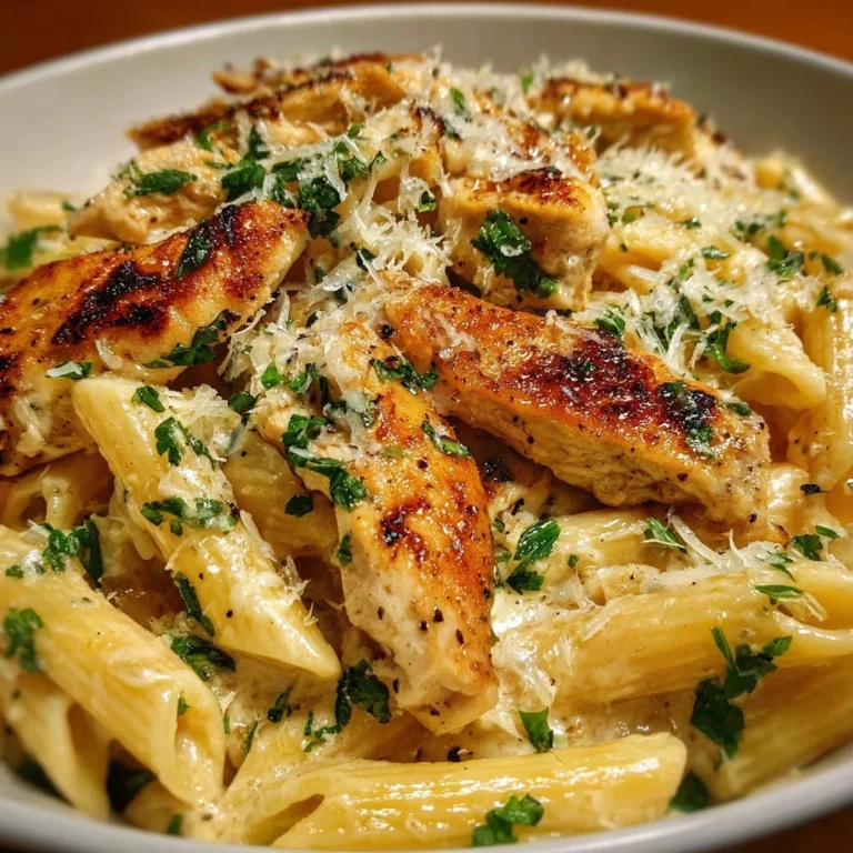 Delicious creamy garlic parmesan chicken pasta dish topped with herbs.