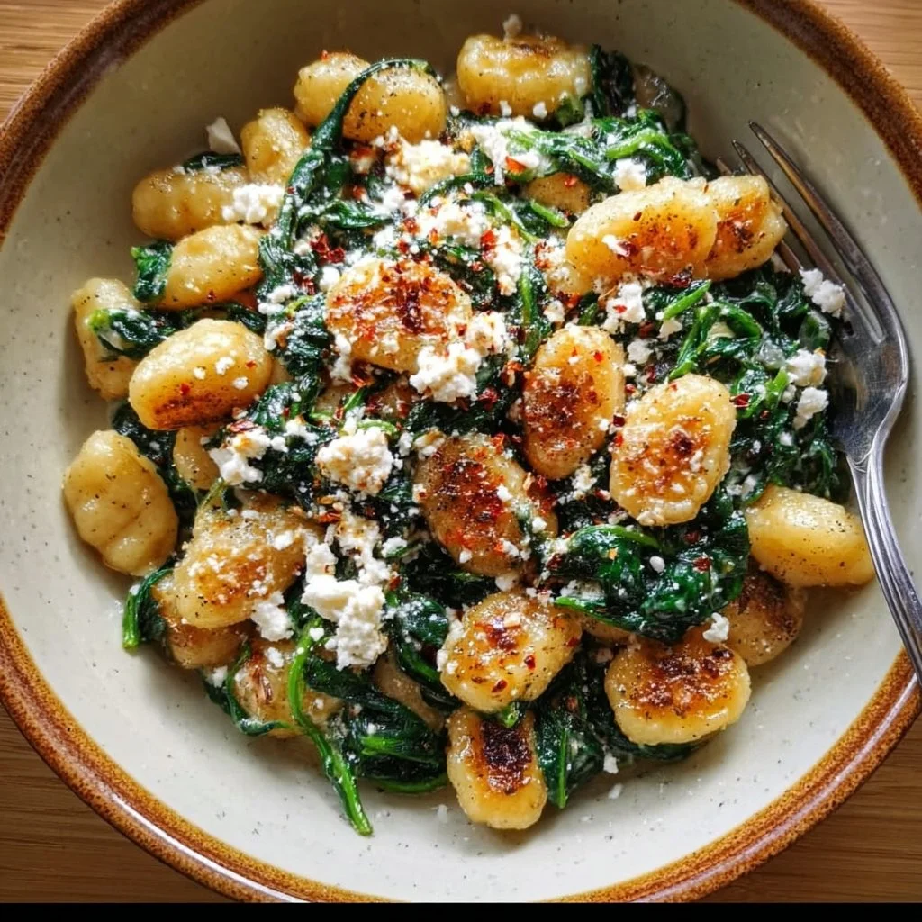 Creamy gnocchi with spinach and feta served in a bowl