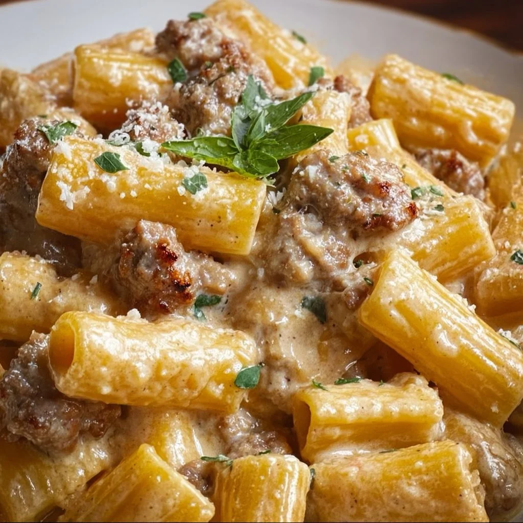 Creamy Italian Sausage Rigatoni garnished with fresh herbs