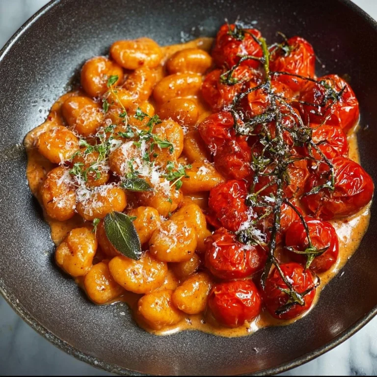 Creamy roasted tomato gnocchi topped with fresh basil and parmesan cheese.
