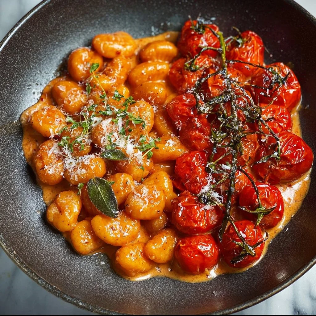 Creamy roasted tomato gnocchi topped with fresh basil and parmesan cheese.