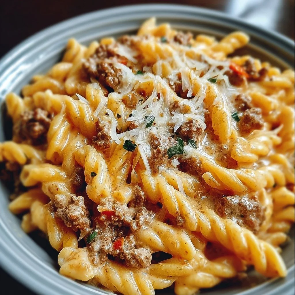 Creamy Rotel pasta with ground beef served in a bowl