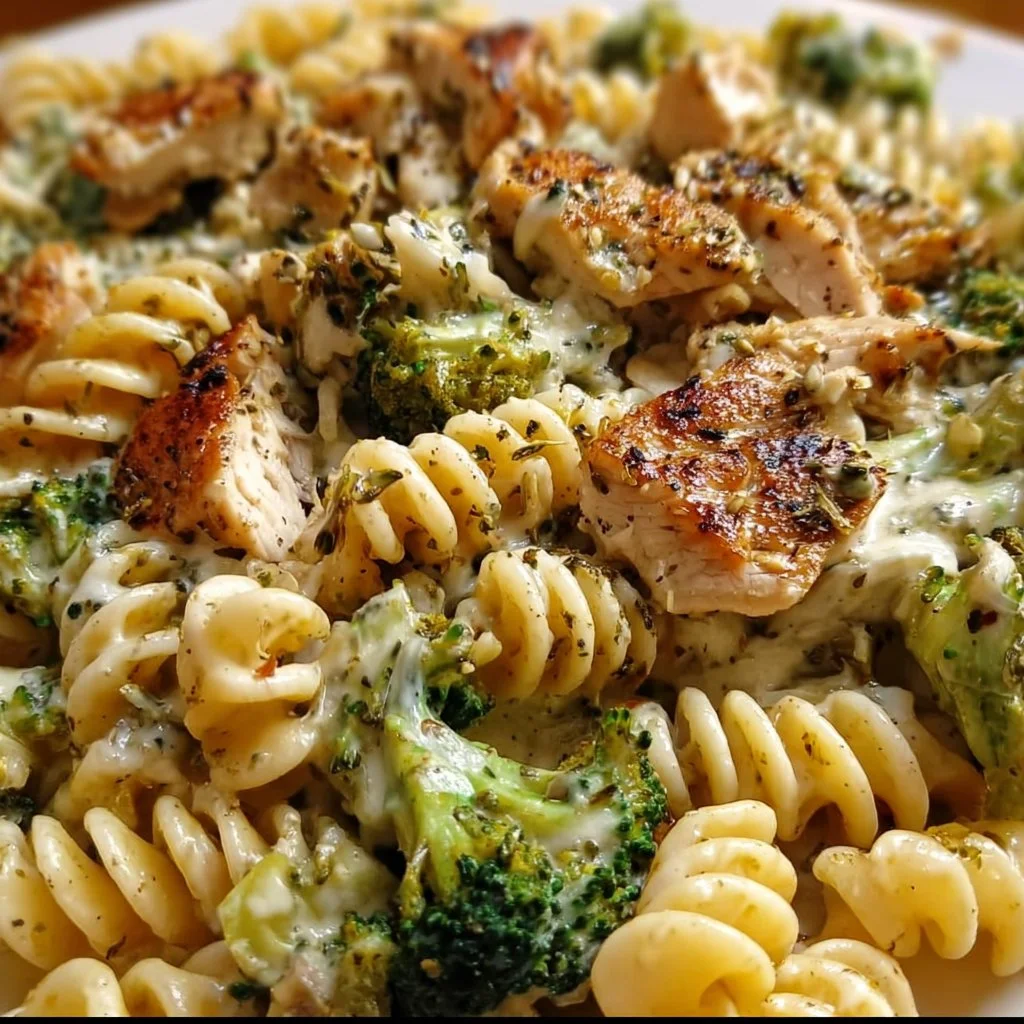 Creamy rotisserie chicken broccoli pasta dish served in a bowl