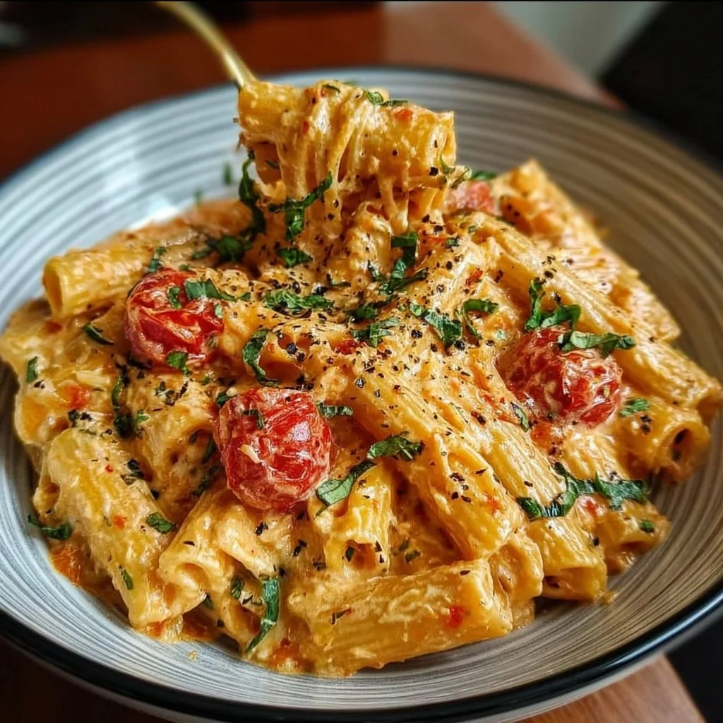 Creamy tomato garlic pasta garnished with fresh herbs and served in a bowl.