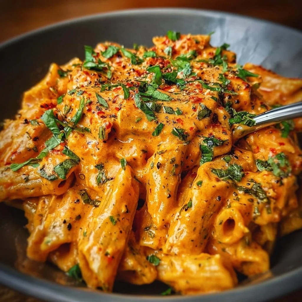 Delicious creamy tomato garlic pasta topped with fresh herbs and cheese.