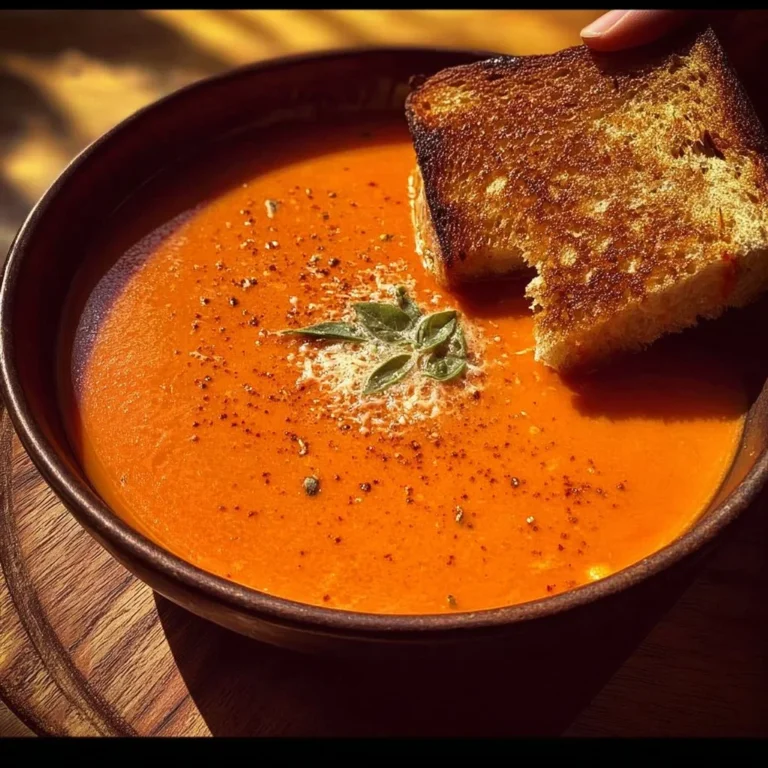 Bowl of creamy tomato soup garnished with fresh herbs and croutons.