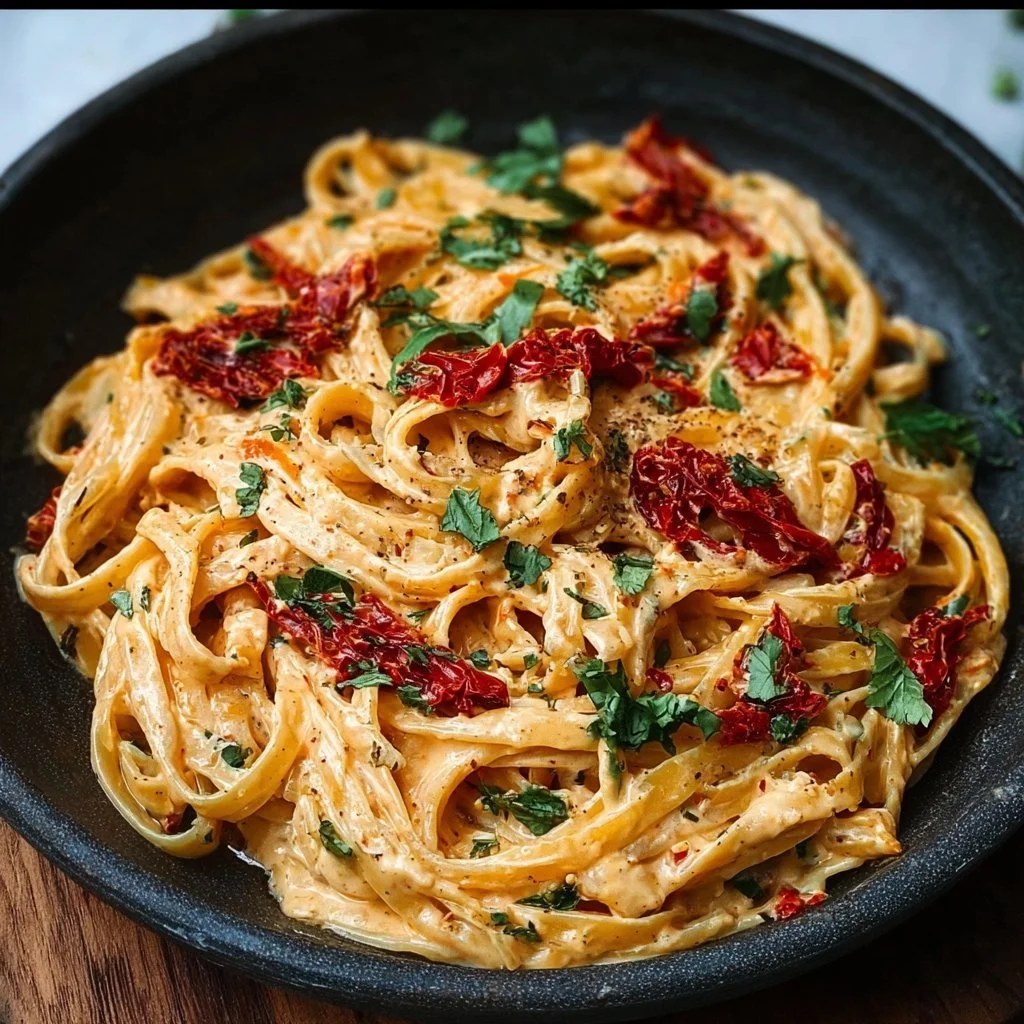 Creamy vegan sun-dried tomato pasta served in a bowl with fresh herbs