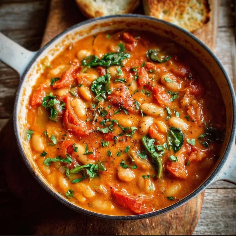 Creamy vegan tomato white bean stew served in a bowl