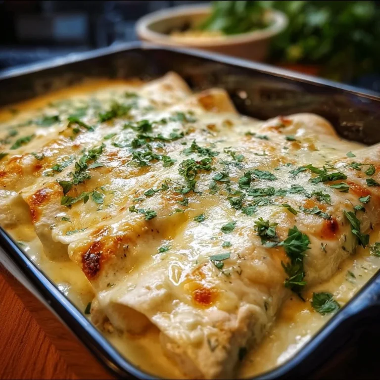 Creamy white chicken enchiladas topped with cheese and cilantro on a plate
