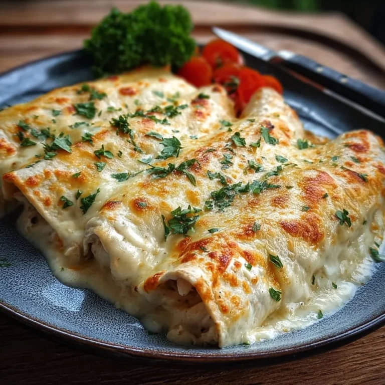 Creamy white chicken enchiladas topped with cheese and served with salsa.