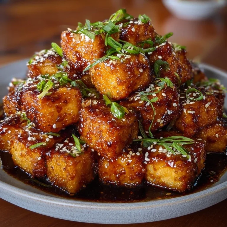 Crispy honey garlic tofu served on a plate with vegetables
