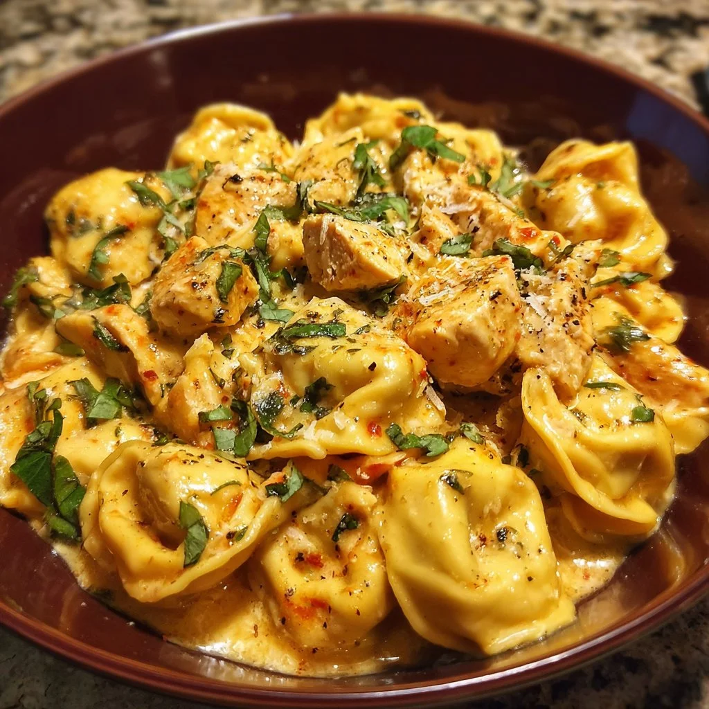 CrockPot Chicken Tortellini in a bowl with herbs and cheese garnish