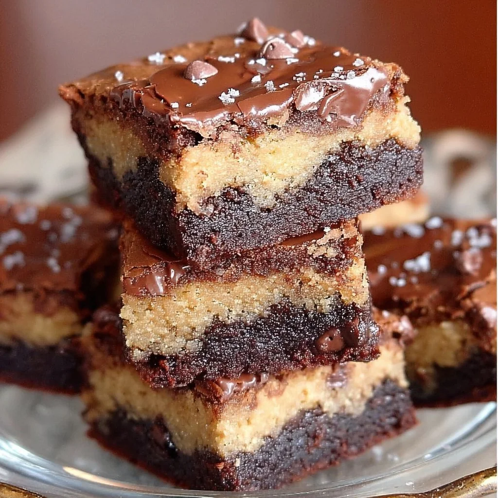 Double layer vegan brookies with chocolate and cookie layers on a plate