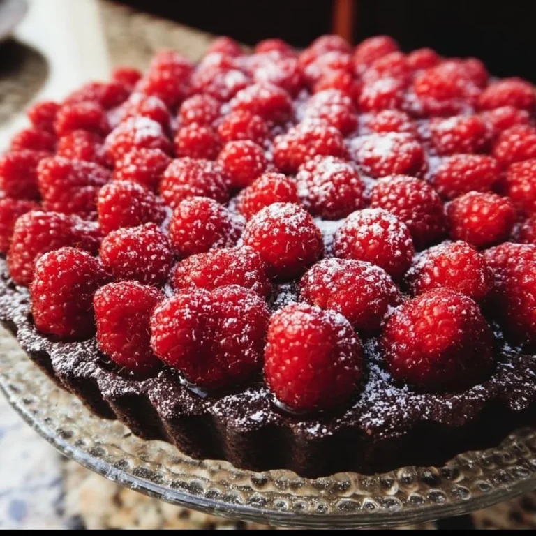 Delicious easy chocolate raspberry tart served on a plate