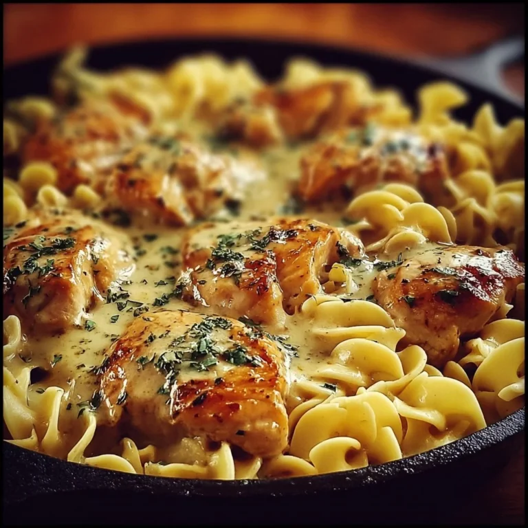 Easy one-pan chicken with buttered noodles served on a plate