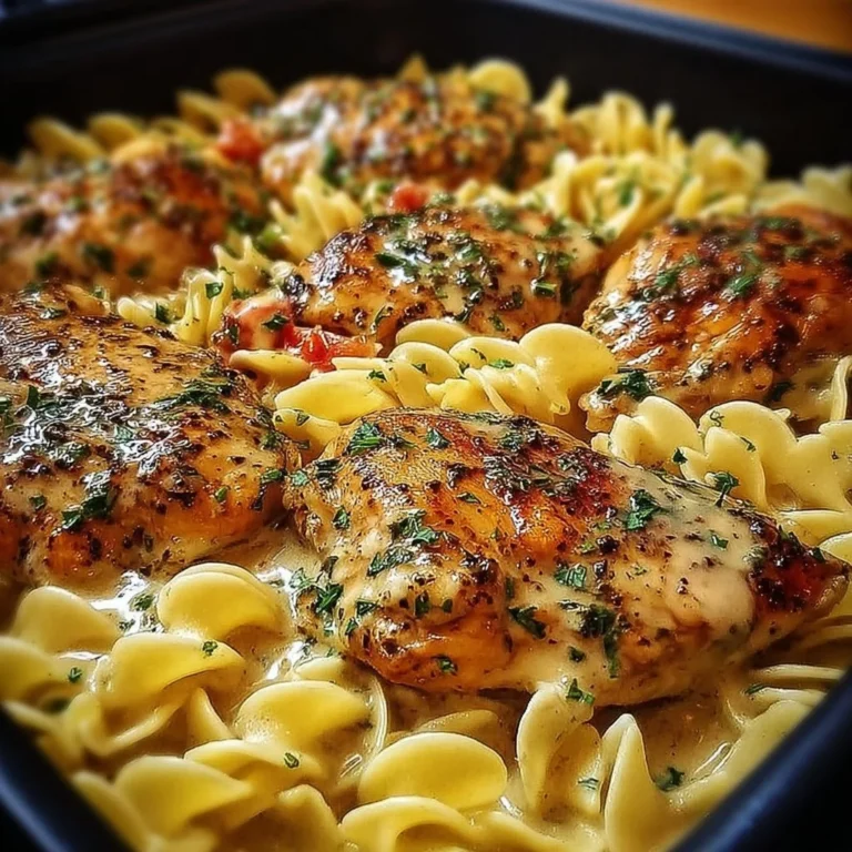 Easy one-pan chicken dish with buttered noodles in a skillet