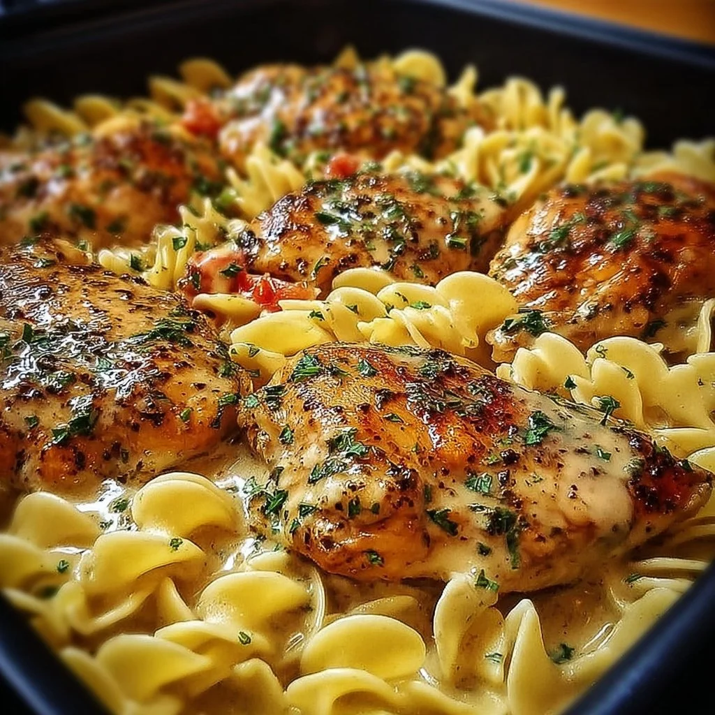 Easy one-pan chicken dish with buttered noodles in a skillet