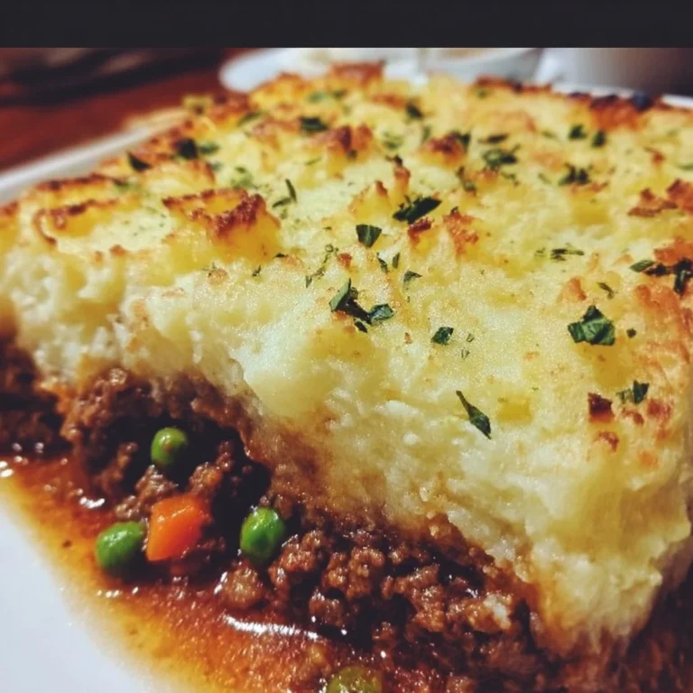 Easy Shepherd's Pie casserole topped with creamy mashed potatoes and ground meat