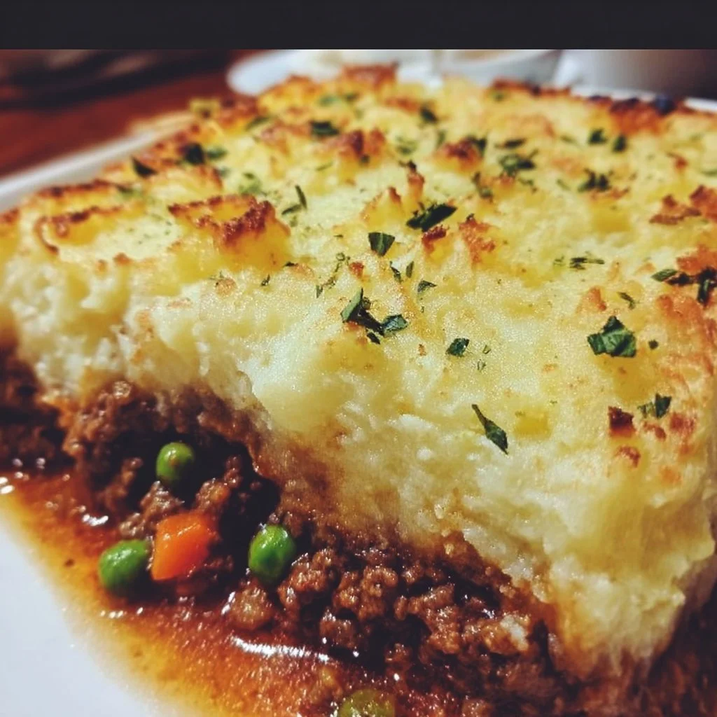 Easy Shepherd's Pie casserole topped with creamy mashed potatoes and ground meat