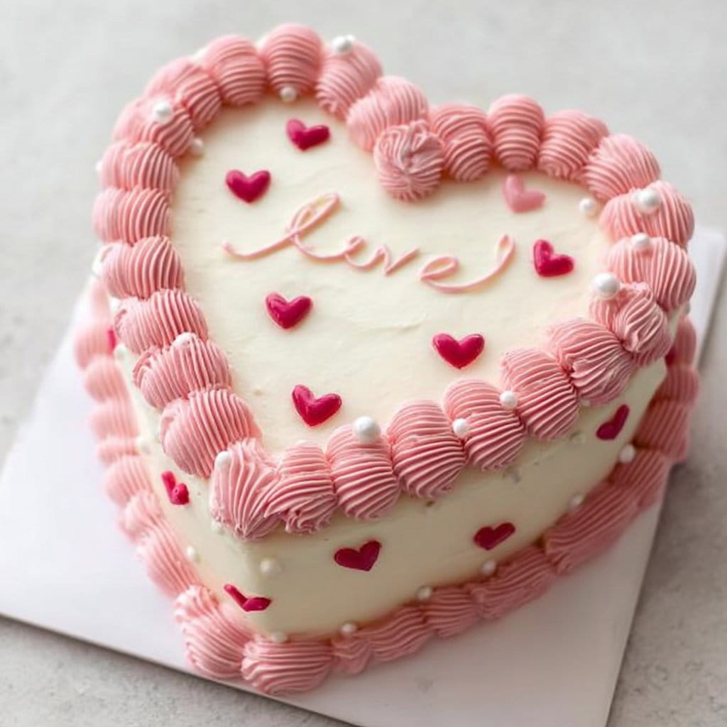 White Heart-Shape Cake with Pink Buttercream